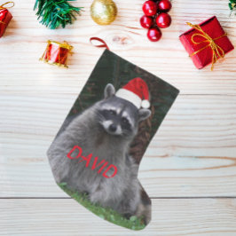 Meia De Natal Pequena Raccoon Vestindo Red Santa Hat com Nome
