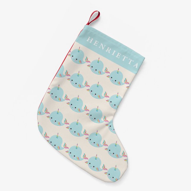 Meia De Natal Pequena Rainbow Narwhal Kawaii Padrão Pastel Nome Azul (Frente (Pendurada))