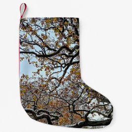 Meia De Natal Pequena Ramais com folhas de laranja e neve