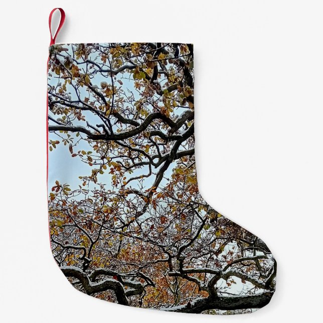 Meia De Natal Pequena Ramais com folhas de laranja e neve (Frente)