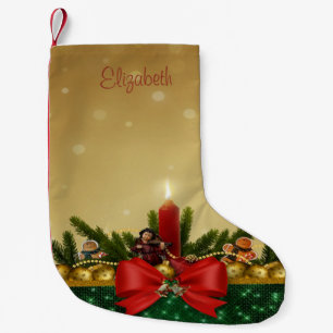Meia De Natal Pequena Ramos de Pinheiro de Natal, Laço Vermelho, Vela, B