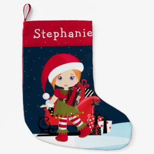 Meia De Natal Pequena Rapariga de Cabelo Vermelho com o Rudolph Christma