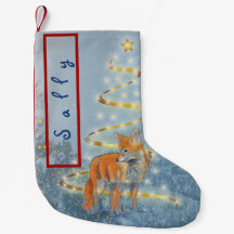 Raposa na neve com árvore de fita Seu nome