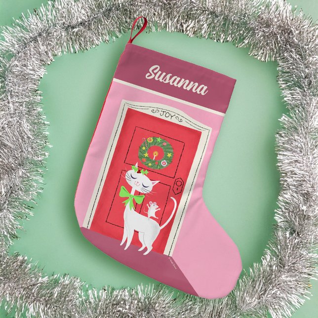 Meia De Natal Pequena Rato e gato branco retrô de férias (Criador carregado)