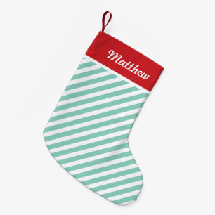 Meia De Natal Pequena Red and Aqua Holiday Stripes Monograma