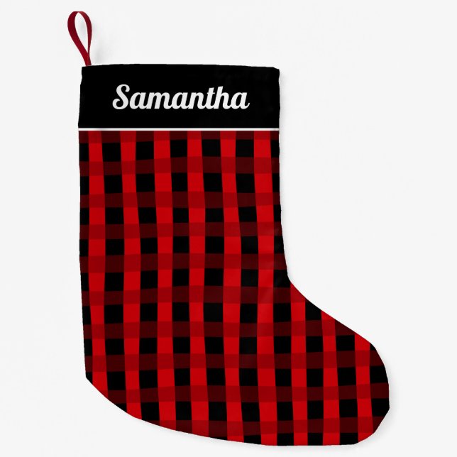 Meia De Natal Pequena Red Black Buffalo Plaid Personalized Name (Frente)