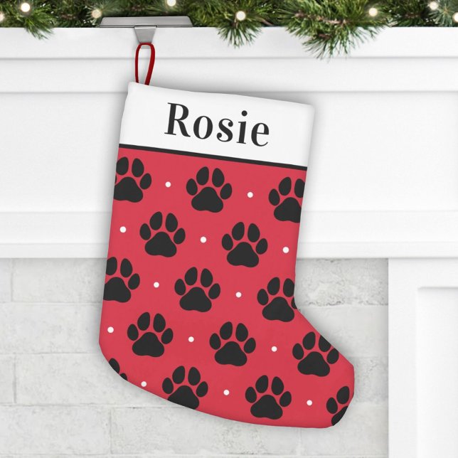 Meia De Natal Pequena Red Black Pet Name Paw Monograma de Impressão (Criador carregado)