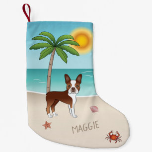 Meia De Natal Pequena Red Boston Terrier Em Uma Praia Tropical De Verão