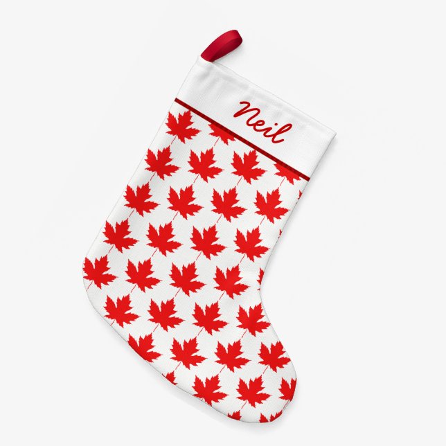 Meia De Natal Pequena Red Canadian Maple Leaf Pattern Custom Canada (Frente (Pendurada))