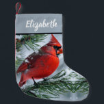 Meia De Natal Pequena Red Cardinal Winter Snow Pine Christmas Tree Name<br><div class="desc">A design de pássaro cardeal vermelho é moderna,  simples e elegante. Este inverno,  o tema design é perfeito para aquele especial que ama cardeais masculinos. Personalize o nome e obtenha um para todos na equipe ou família. Disponível em vários temas de inverno.</div>