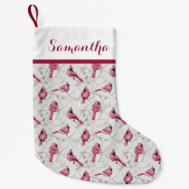 Meia De Natal Pequena Red Christmas Cardinal Birds Personalizado Nome (Frente)