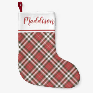 Meia De Natal Pequena Red Christmas plaid pattern personalized name 