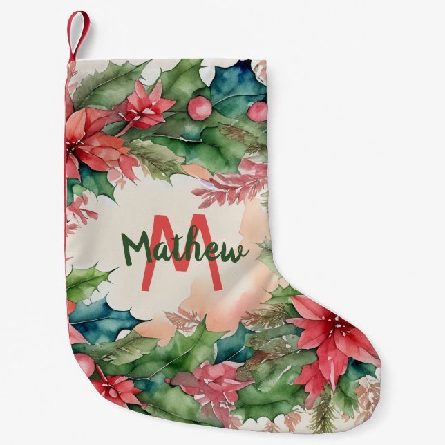 Meia De Natal Pequena Red e Green Christmas Holly Wreath (Frente)