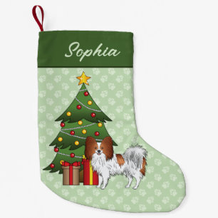 Meia De Natal Pequena Red E White Papillon Cão Por Uma Árvore De Natal