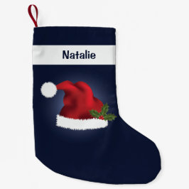 Meia De Natal Pequena Red FESSanta Hat Em Azul Com Nome Personalizado