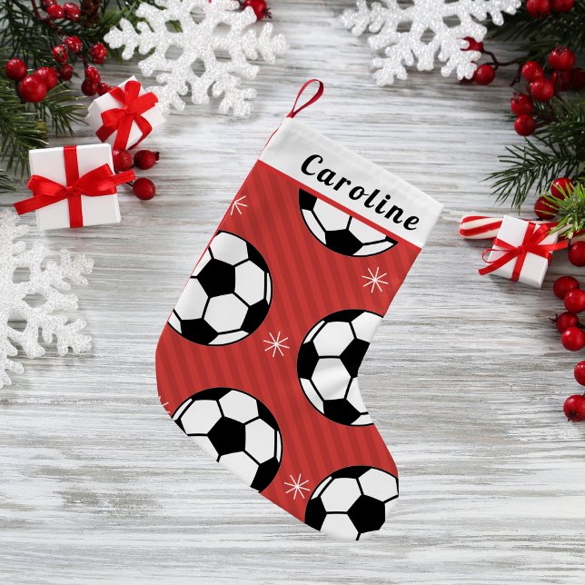 Meia De Natal Pequena Red FEST Soccer Ball & Snowflake Kids Name Xmas (Criador carregado)