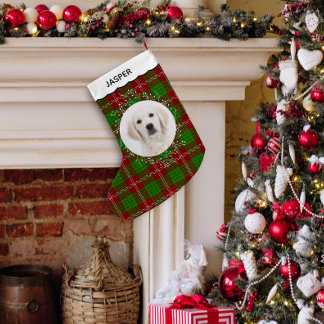 Meia De Natal Pequena Red Green Tartan Plaid Winter Wreath Pet Dog Photo