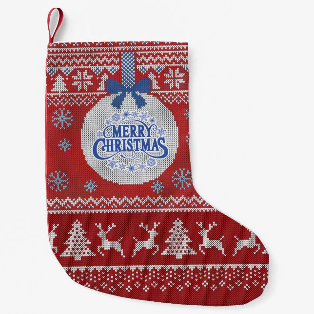 Meia De Natal Pequena Red Knit Merry Christmas Stocking (Frente)