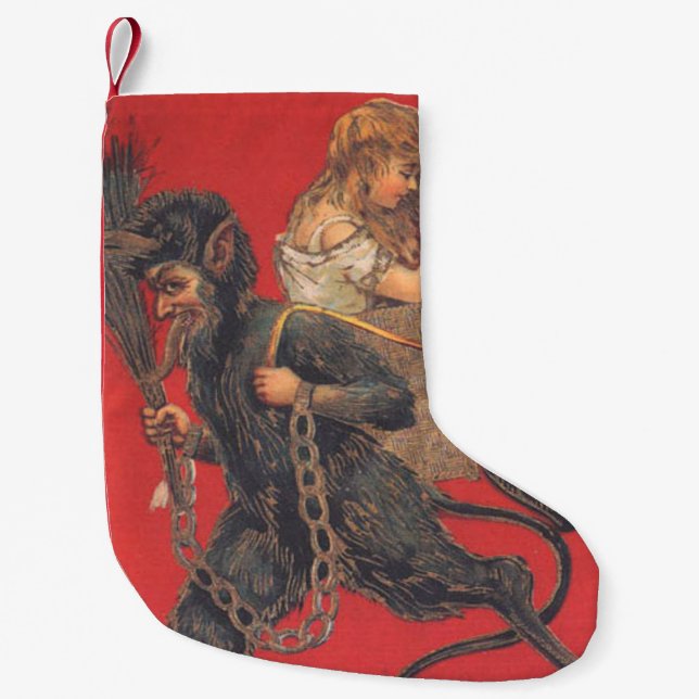 Meia De Natal Pequena Red Krampus Sequestrando Garota de Oração (Frente)