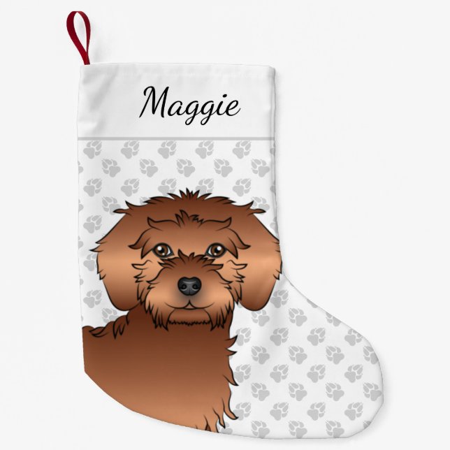 Meia De Natal Pequena Red Mini Goldendoodle Cartoon Cabeça e Nome (Frente)