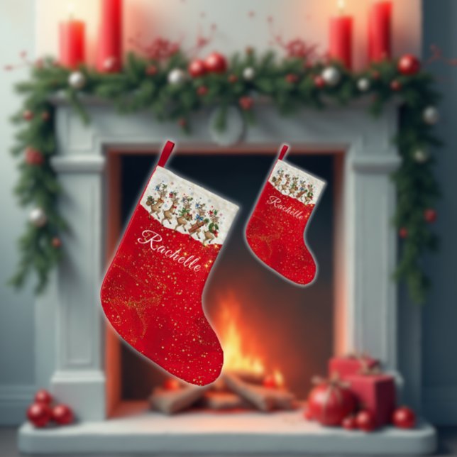 Meia De Natal Pequena Red Name Marching Quirky Christmas Reindeer (Criador carregado)