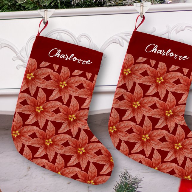 Meia De Natal Pequena Red Poinsettia Floral Nome Feriado de Natal (Criador carregado)