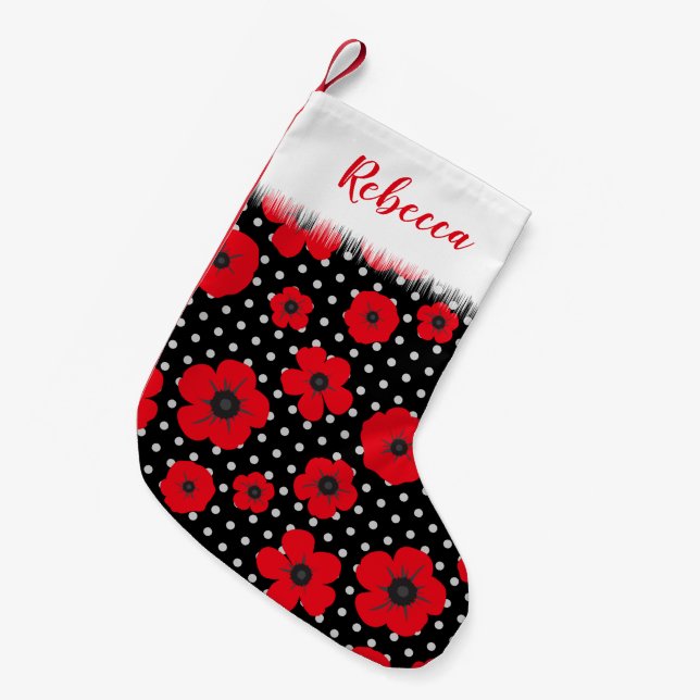 Meia De Natal Pequena Red Poppy e Bolinhas Personalizadas (Frente (Pendurada))