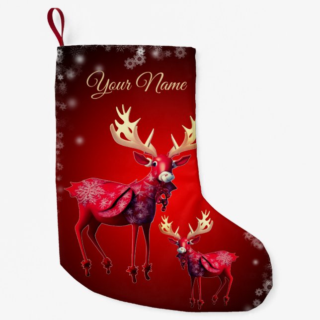 Meia De Natal Pequena Red Reindeer Name Winter Holidays  (Frente)