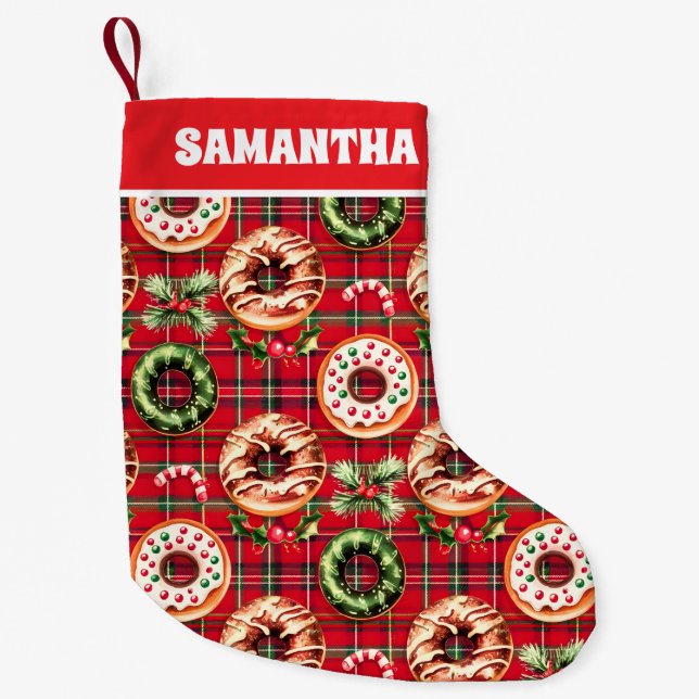 Meia De Natal Pequena Red Retro Natal Rosquinhas Red Tartan Xadrez (Frente)