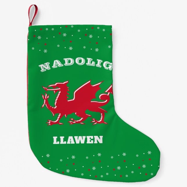 Meia De Natal Pequena Red Welsh Dragon Felry Natal Nadolig Llawen (Frente)