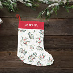 Meia De Natal Pequena Red Winter Botanic Festivo Dourado Pontos Nome Per<br><div class="desc">Uma meia festiva de natal divertida com um padrão de morango botânico de inverno acentuado por bolinhas de ouro falsas. Adicione um nome para personalizar - perfeito para crianças e adultos.</div>