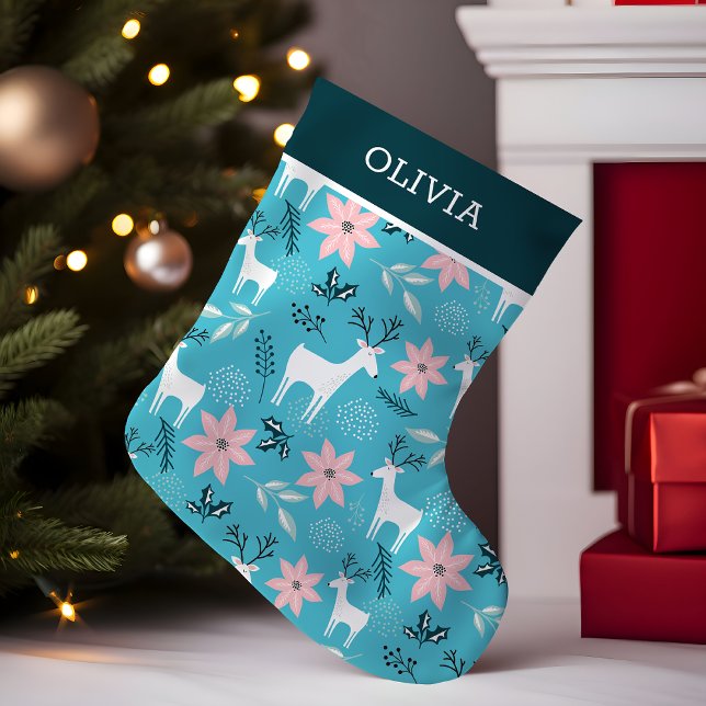 Meia De Natal Pequena Reindeer Floral Poinsettia Whimsical Personalizado (Criador carregado)