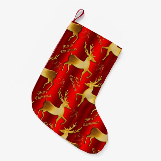 Meia De Natal Pequena Reindeer ouro em Vermelho (Frente (Pendurada))