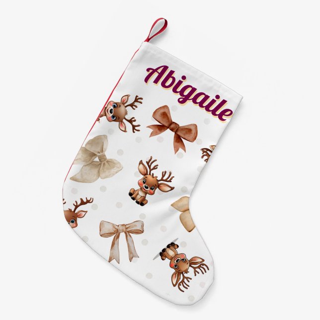 Meia De Natal Pequena Reindeer Personalizado com Arcos Coquette Stocking (Frente (Pendurada))