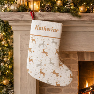 Meia De Natal Pequena Rena de Ouro e Prata - Nome Personalizado