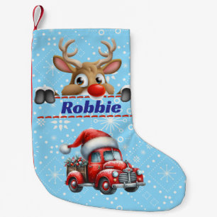 Meia De Natal Pequena Rena Rudolph Natal Azul e Branco