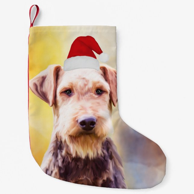 Meia De Natal Pequena Retrato de Arte Santa Hat do Cachorro Airedale (Frente)