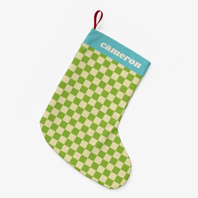 Meia De Natal Pequena Retro Green Blue Checkerboard Personalized Name (Frente (Pendurada))
