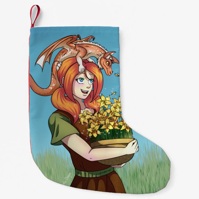 Meia De Natal Pequena Reunindo Flores com um Dragão (Frente)