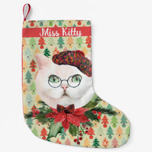 Meia De Natal Pequena Rico White Cat & Poinsettia Personalizada