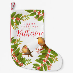 Meia De Natal Pequena Robin Birds Holly Berry White