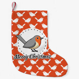 Meia De Natal Pequena Robin on Orange White Bird Pattern - Feliz Natal