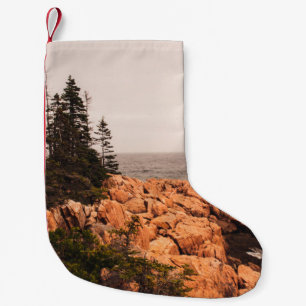 Meia De Natal Pequena Rochas e árvores na margem do Maine em Acadia N