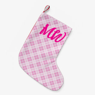 Meia De Natal Pequena Rosa claro tartan Natal Monograma
