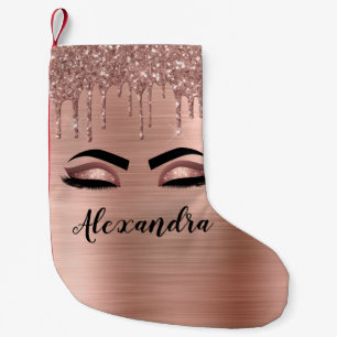Meia De Natal Pequena Rosa Dourado Glitter Sparkle Eyelashes Monograma