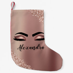 Meia De Natal Pequena Rosa Dourado Monograma cor-de-rosa com brilho nos
