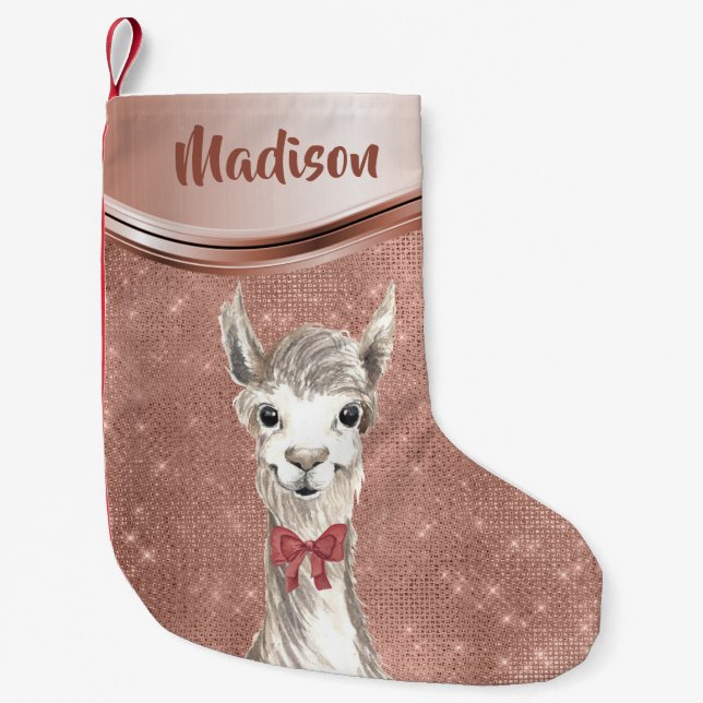 Meia De Natal Pequena Rosa Dourado Sparkle Llama Bonito Personalizado (Frente)