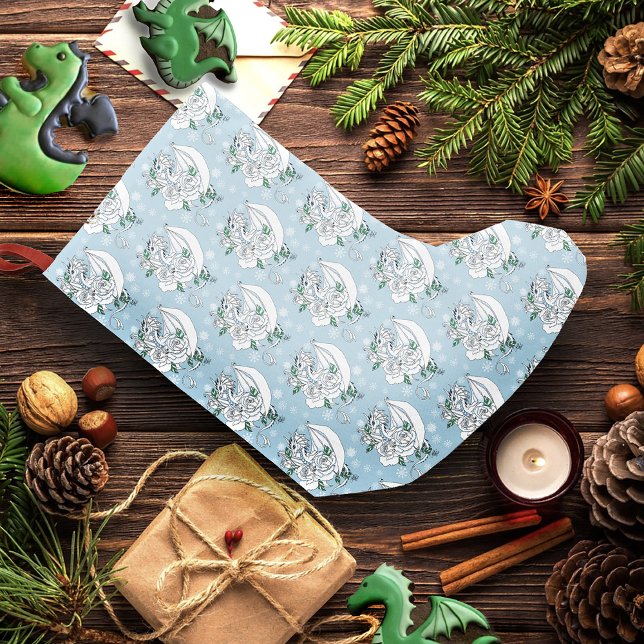 Meia De Natal Pequena Rosas de Dragão Branco Flocos de Neve Azuis (Criador carregado)