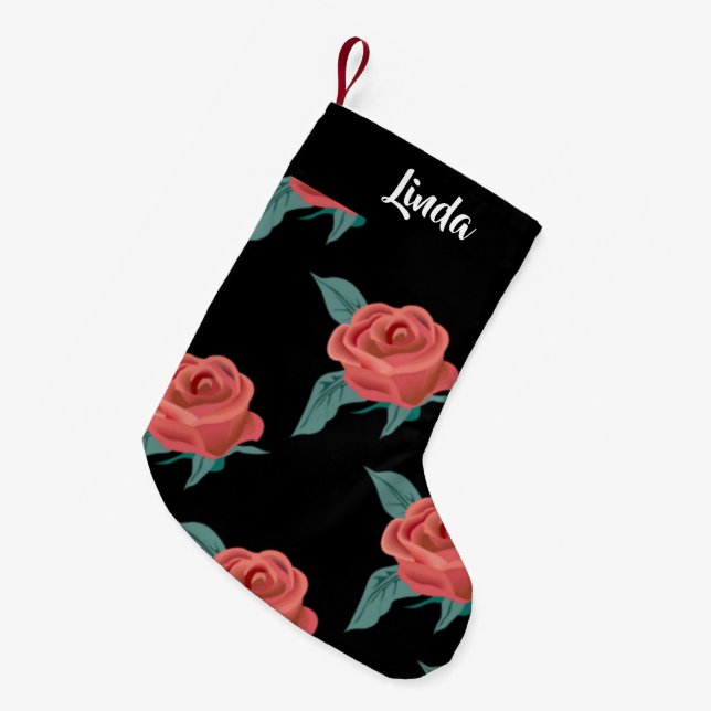 Meia De Natal Pequena Rosas rosa a preto (Frente (Pendurada))