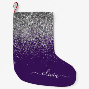 Meia De Natal Pequena Roxo Silver Glitter Girly Glam Monograma